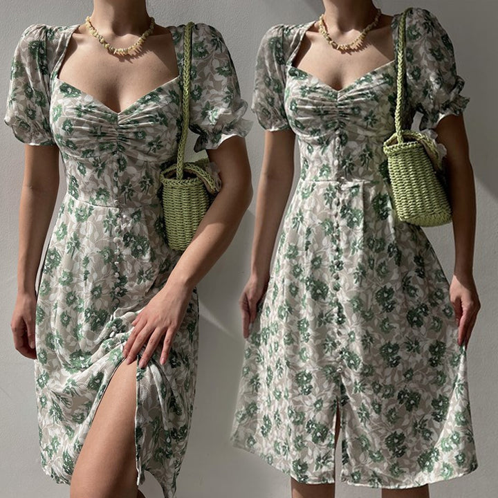 Women’s floral dress with gathered sleeves and side slit Lune London