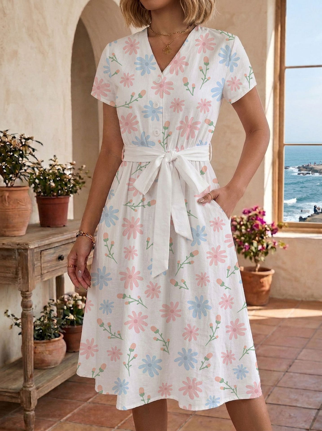 Women's casual maxi dress with adjustable knot and decorative check pattern Lisslune