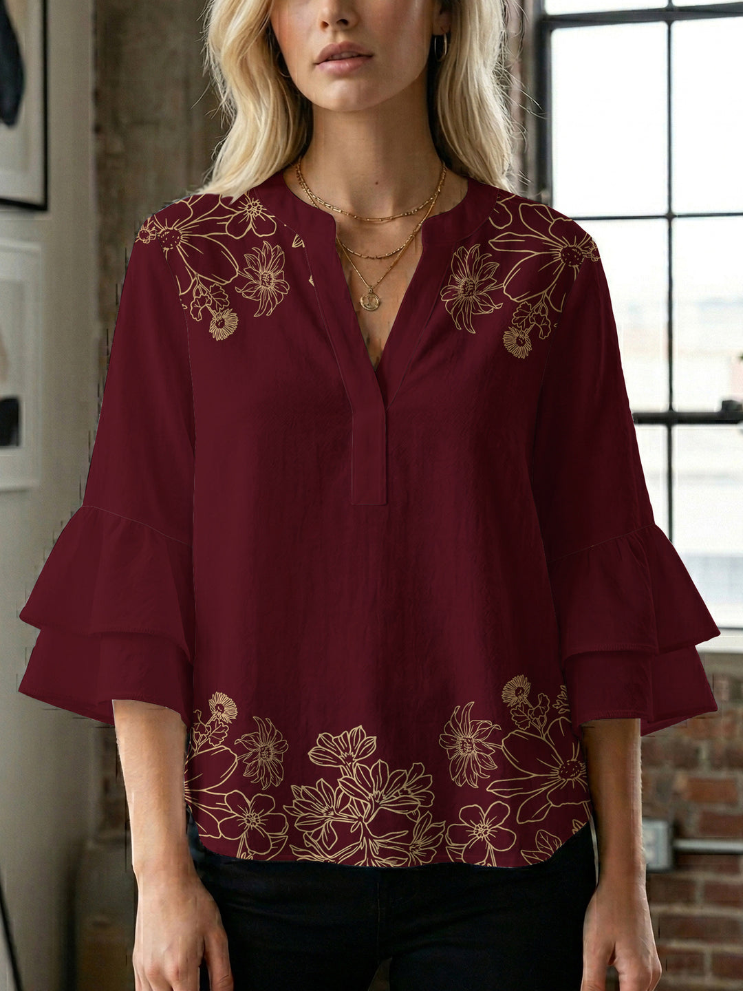 Ladies blouse with voluminous ruffled sleeves and floral print Lisslune
