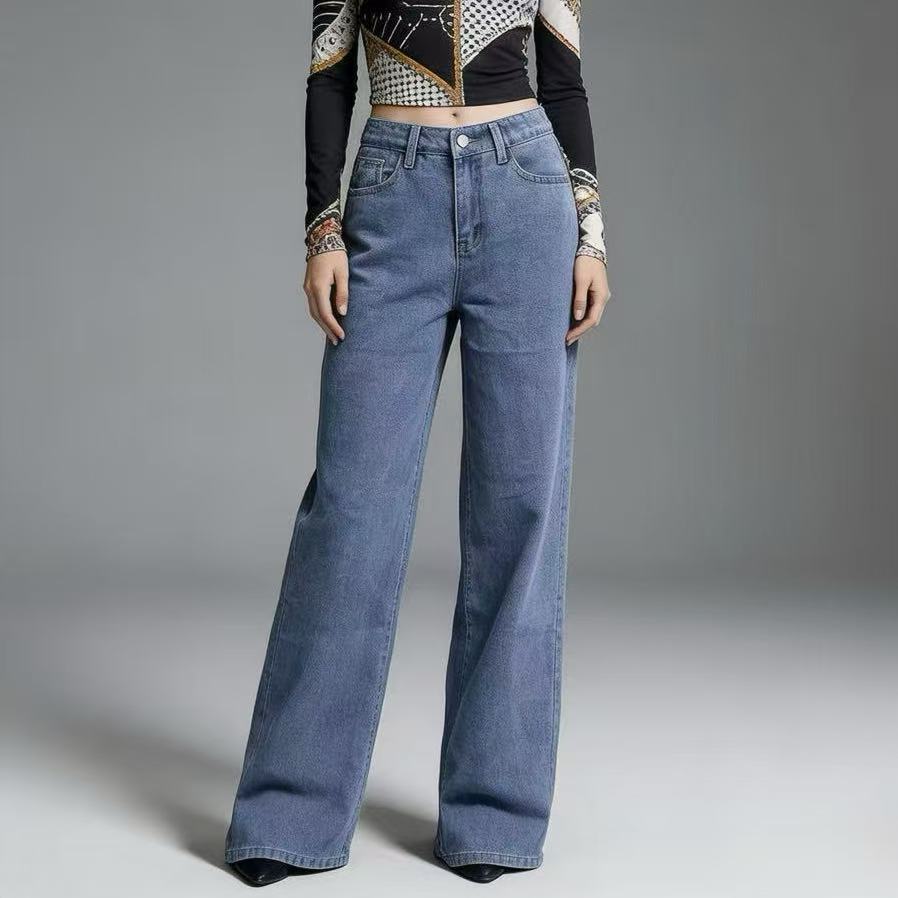 Damen Weite High-Waist Jeans mit klassischem Schnitt und ausgefransten Säumen Lisslune