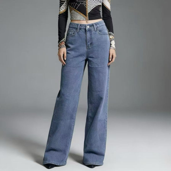 Damen Weite High-Waist Jeans mit klassischem Schnitt und ausgefransten Säumen Lisslune