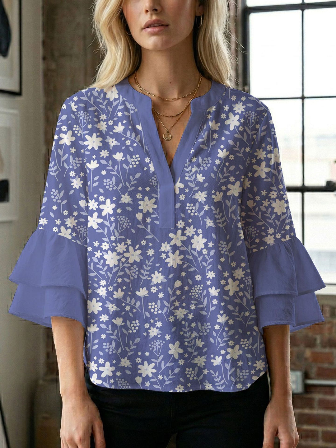 Women's blouse shirt with voluminous sleeves and creative print design Lisslune