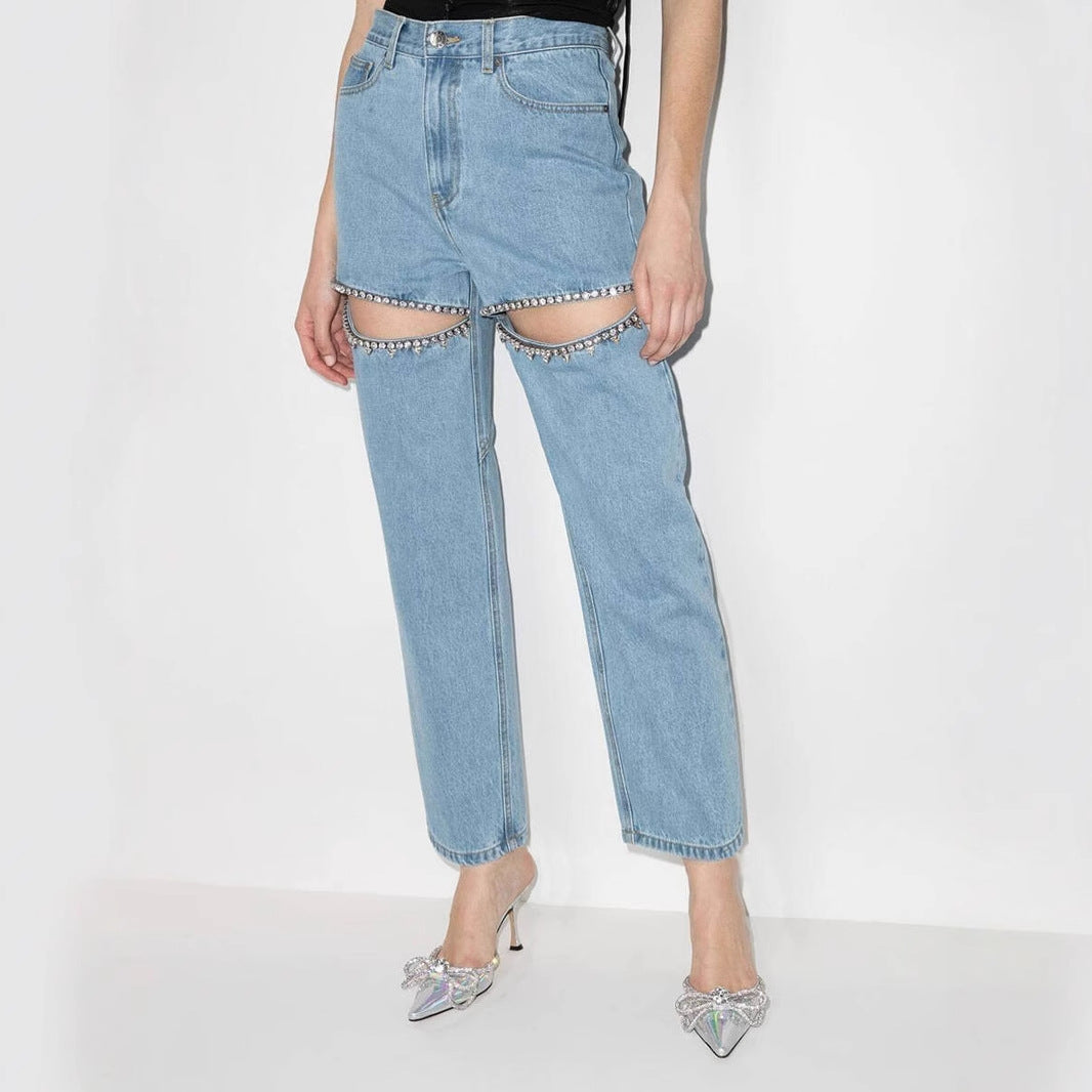 Ladies jeans with an extravagant cut-out design and glittering embellishments