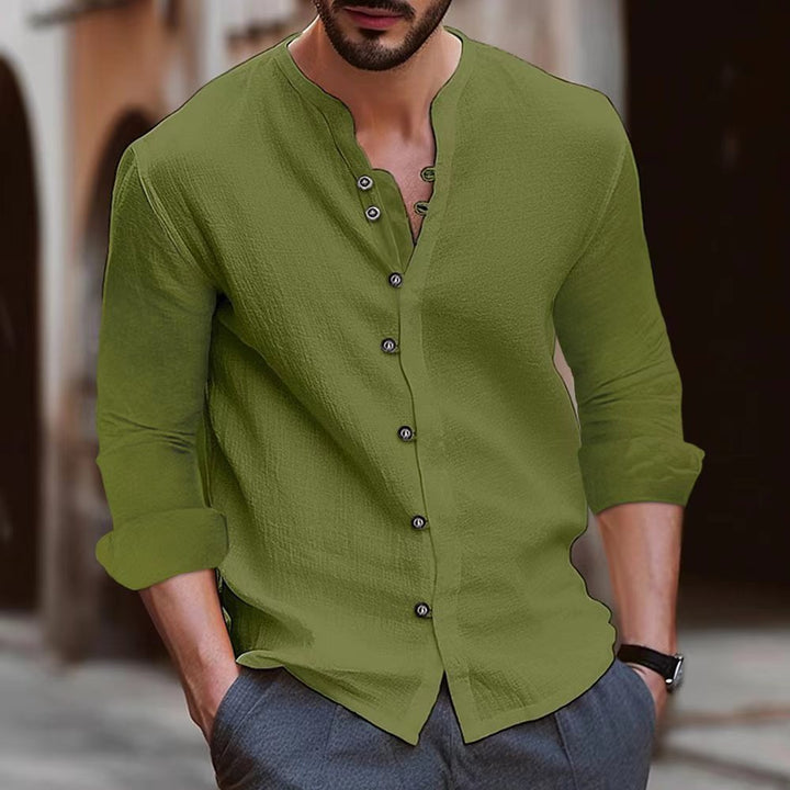 Men's linen shirt with button placket and casual stand collar Lisslune