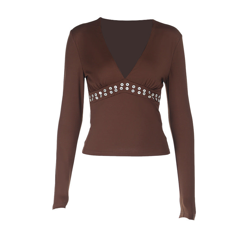 Women's long-sleeved top with a deep V-neckline and decorative metal accents Lune London
