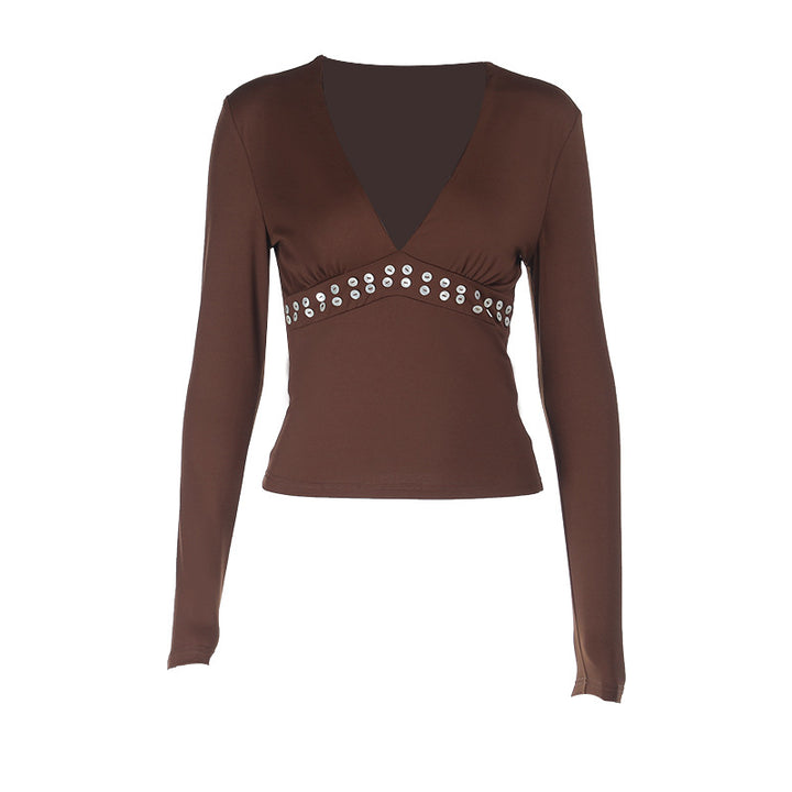 Women's long-sleeved top with a deep V-neckline and decorative metal accents Lune London