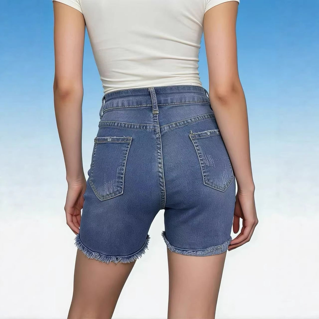 Women’s Casual High-Waist Denim Shorts with Fringes and Fashionable Destroyed Details Lisslune