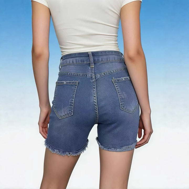 Women’s Casual High-Waist Denim Shorts with Fringes and Fashionable Destroyed Details Lisslune