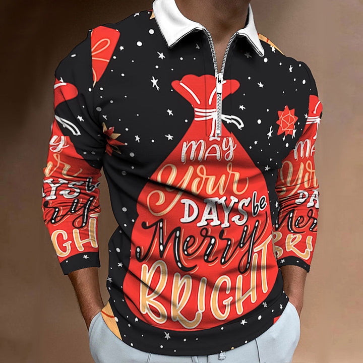 Men's Long Sleeve Polo Shirt with Festive Christmas Motif Lisslune