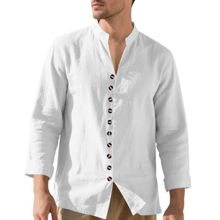 Men's casual long-sleeve shirt with elegant stand collar and chic button details Lisslune