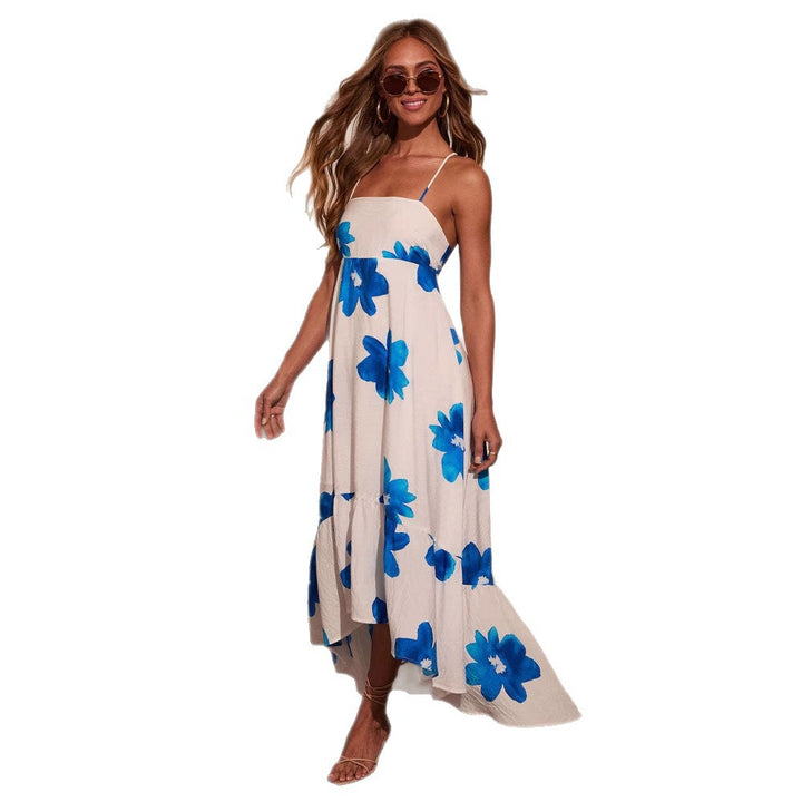Ladies maxi dress with decorative floral patterns and elegant ruffle trim Lisslune
