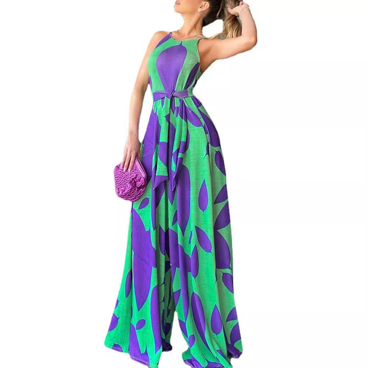 Women's maxi dress with floral pattern and belted waist