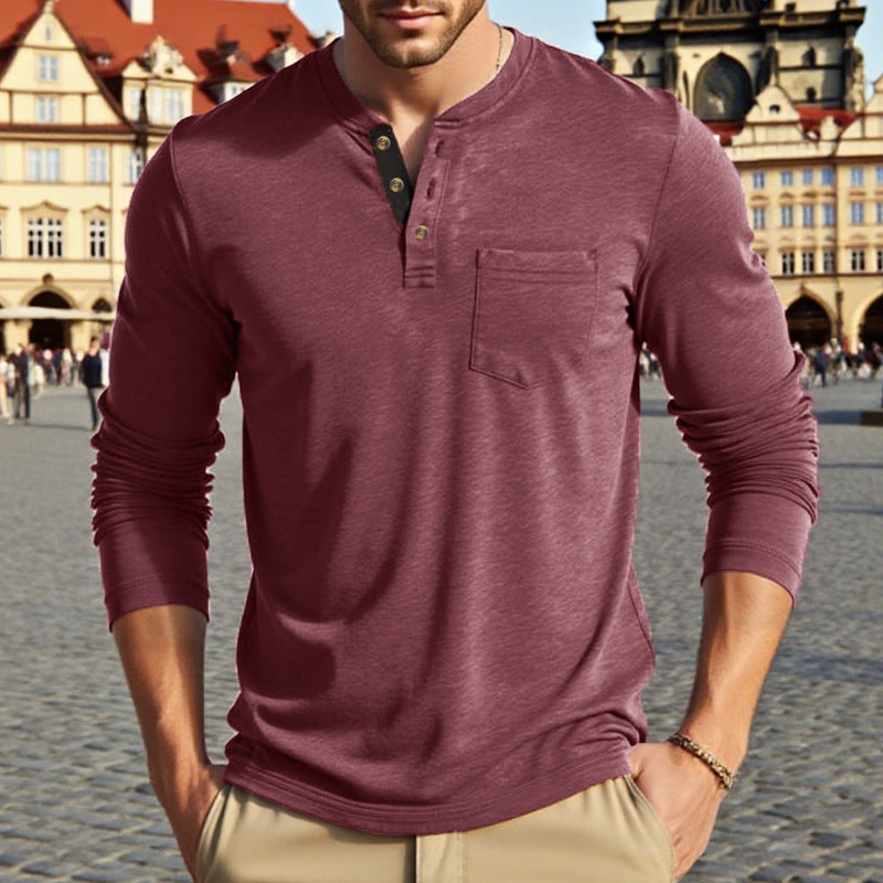 Men's Long Sleeve Shirt with Button Placket and Practical Chest Pocket Lisslune