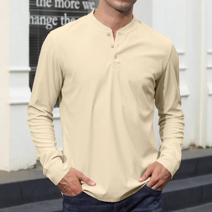 Men's long-sleeve shirt with decorative buttons and textured surface Lisslune