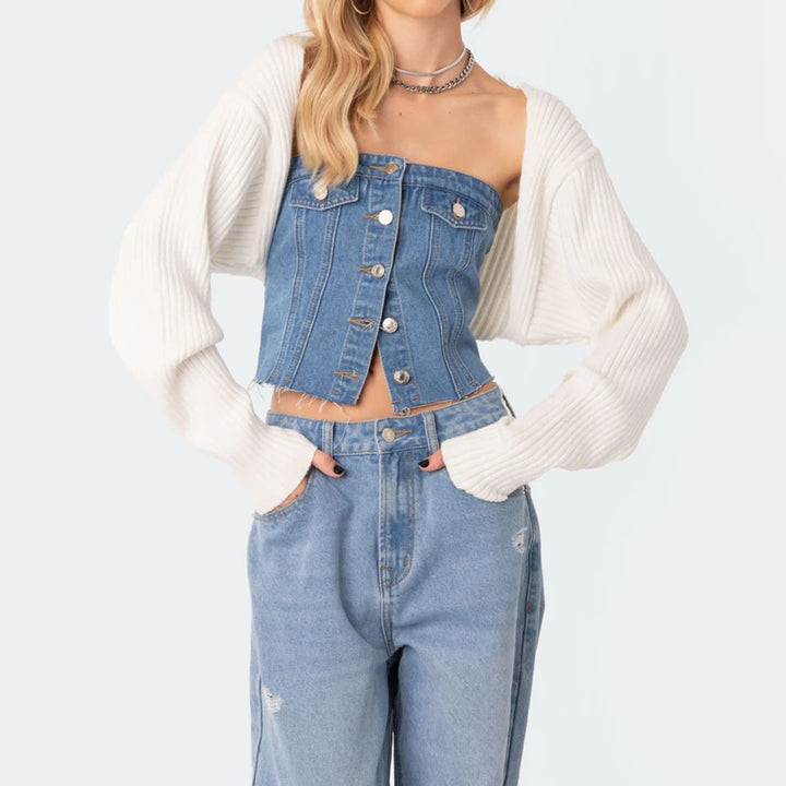 Women's Denim Crop Top with Knitted Overlay Lisslune