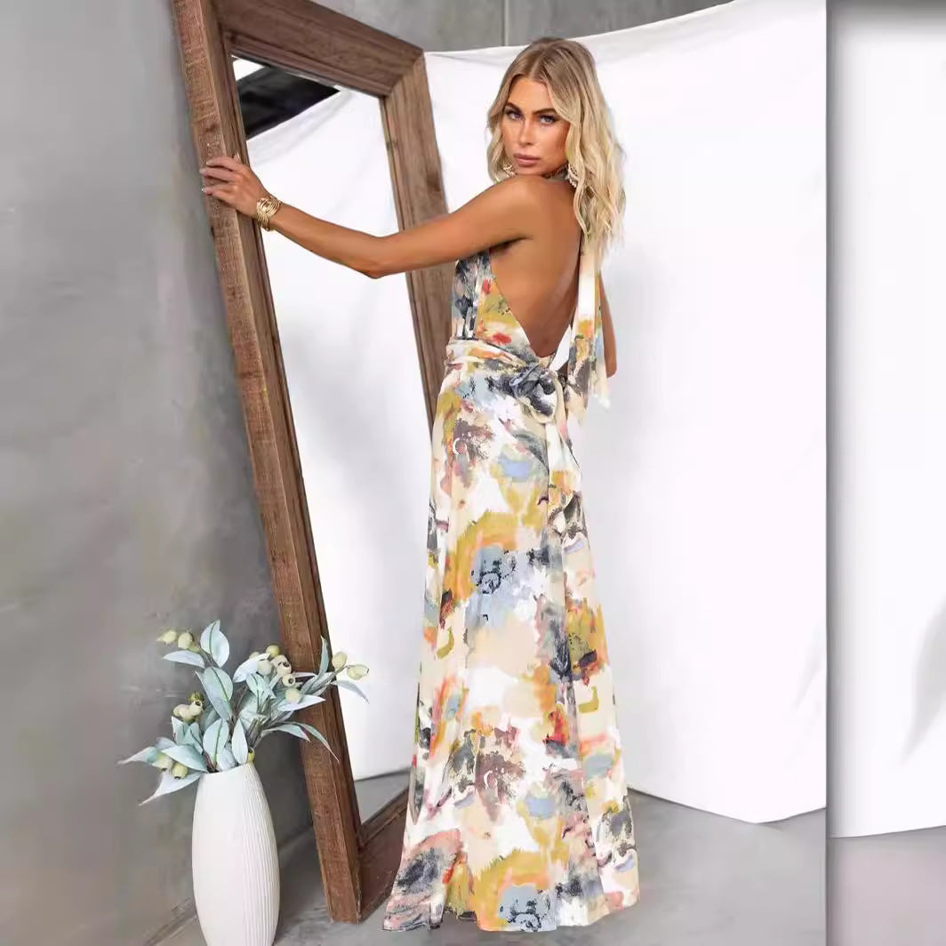Ladies maxi dress with deep V-neck and elegant tie belt Lune London