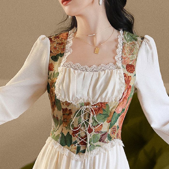 Ladies Elegant Evening Dress with Floral Top and Long Sleeves