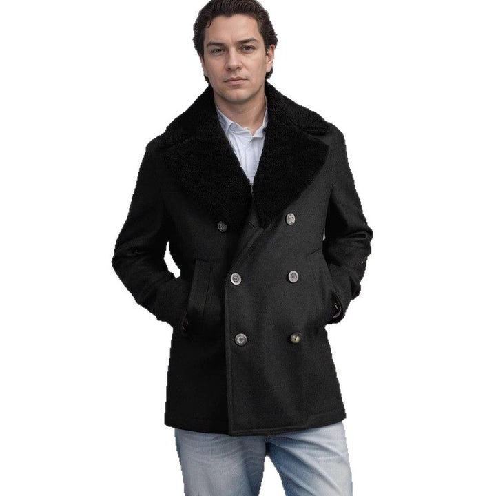 Men's elegant wool coat with high closed fur collar Lisslune