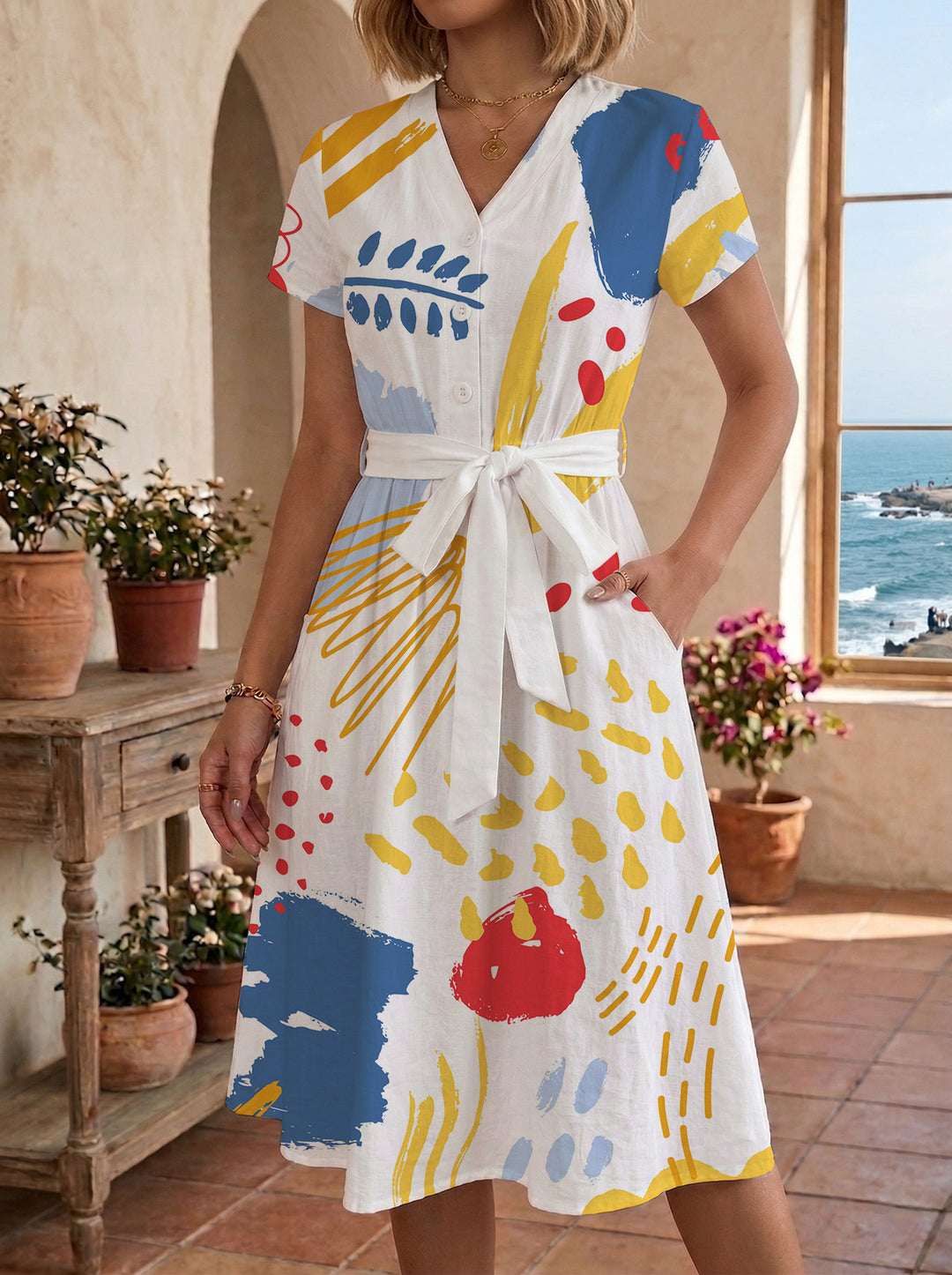 Women’s midi dress with colorful floral design and adjustable tie belt Lisslune