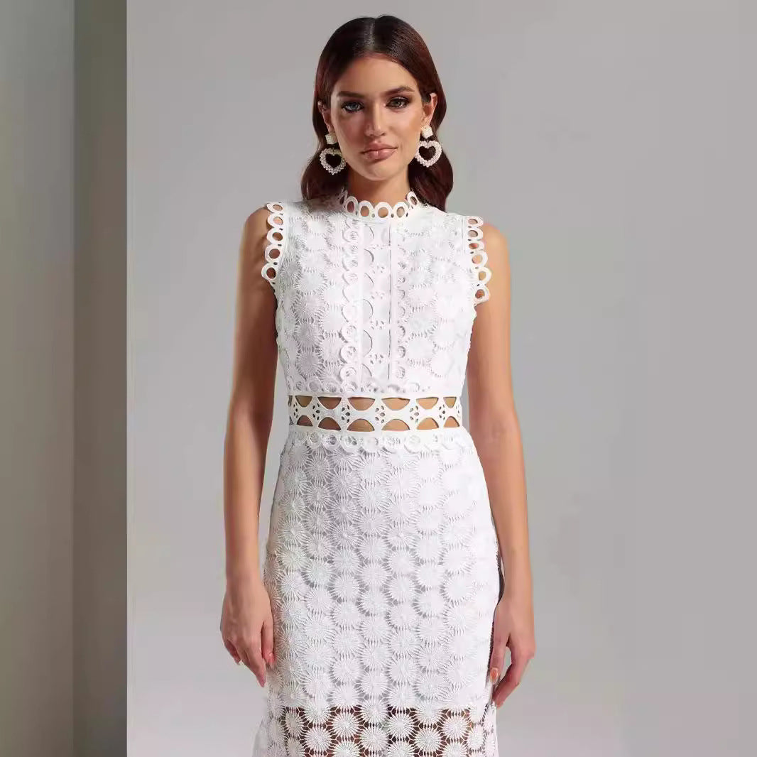 Women's Elegant Lace Maxi Dress with Transparent Inserts and Decorative Ruffle Details