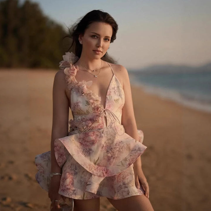 Ladies playfully cut minidress with ruffle and floral frill details