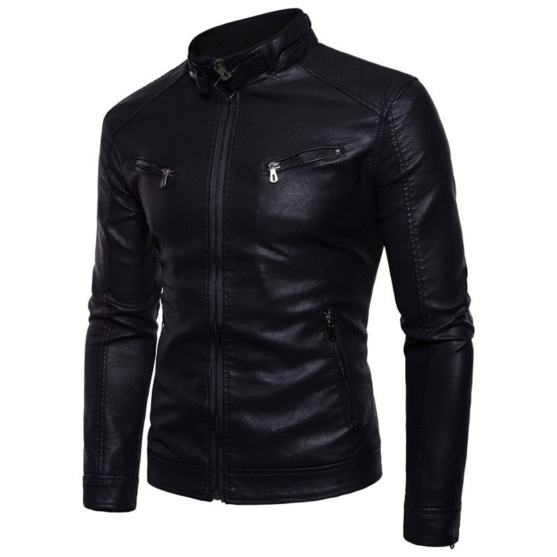 Men's elegant synthetic leather motorcycle jacket with stand-up collar Lisslune