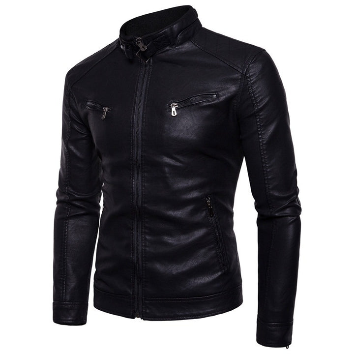 Men's elegant synthetic leather motorcycle jacket with stand-up collar Lisslune