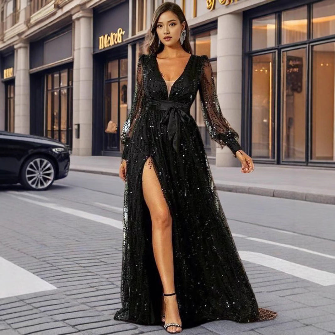 Ladies Glamorous Evening Dress with Shimmering Sequins and Deep Slit
