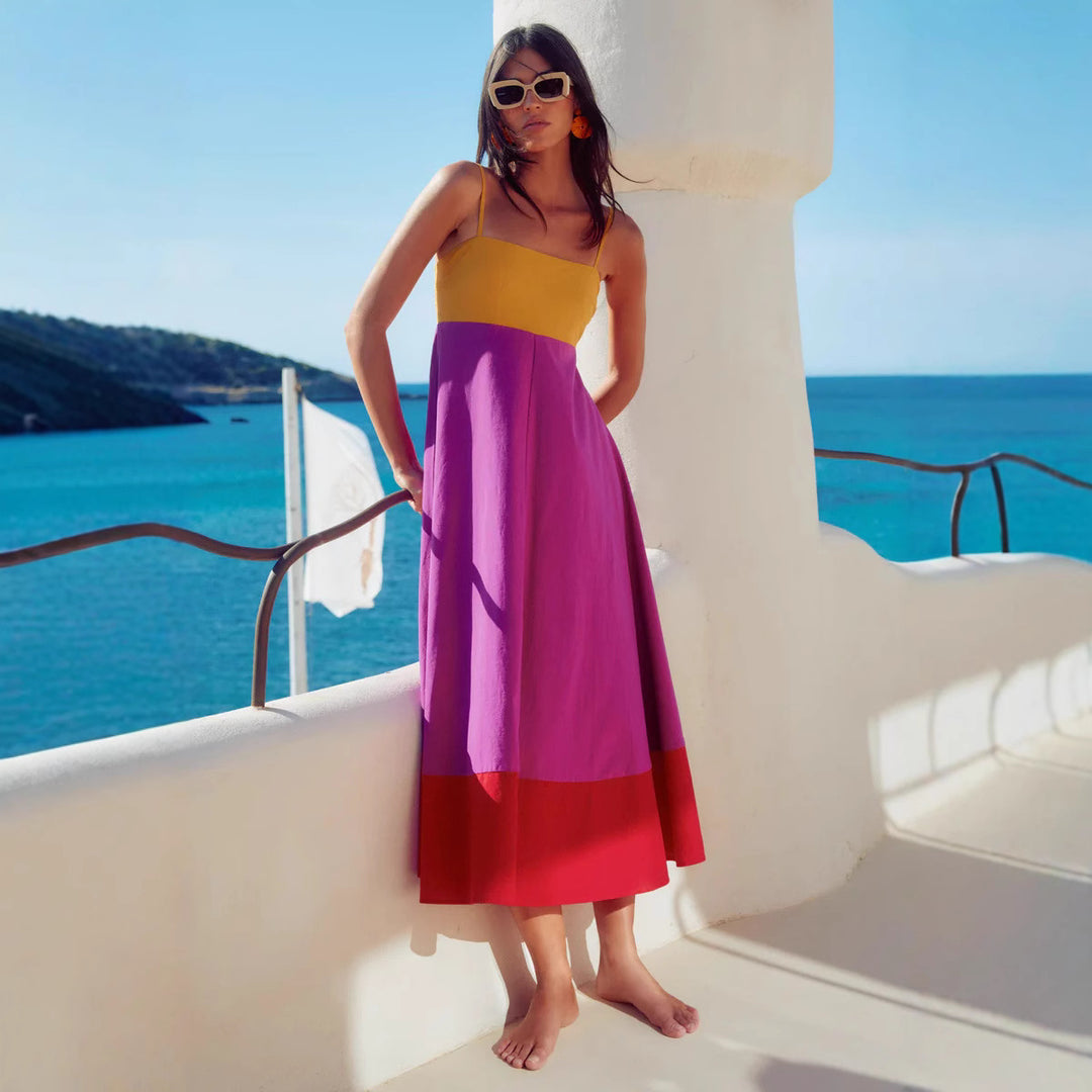Women's Maxi Dress with Colorful Block Design and Adjustable Spaghetti Straps