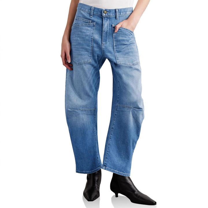 Women's mid-rise denim pants with unique patched pockets Lisslune