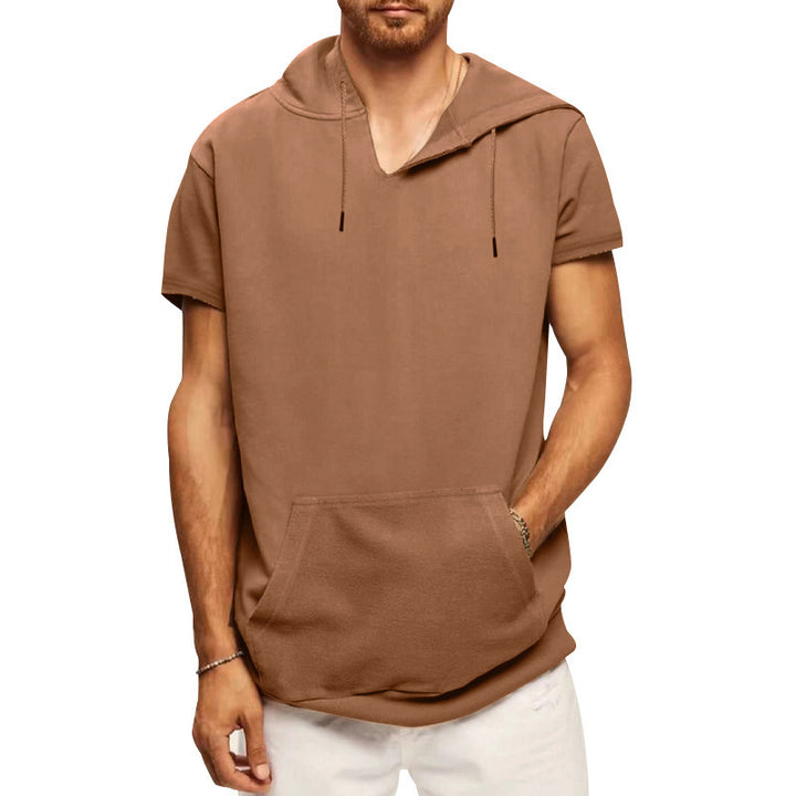 Men's Short Sleeve Hoodie with Practical Kangaroo Pocket Lisslune