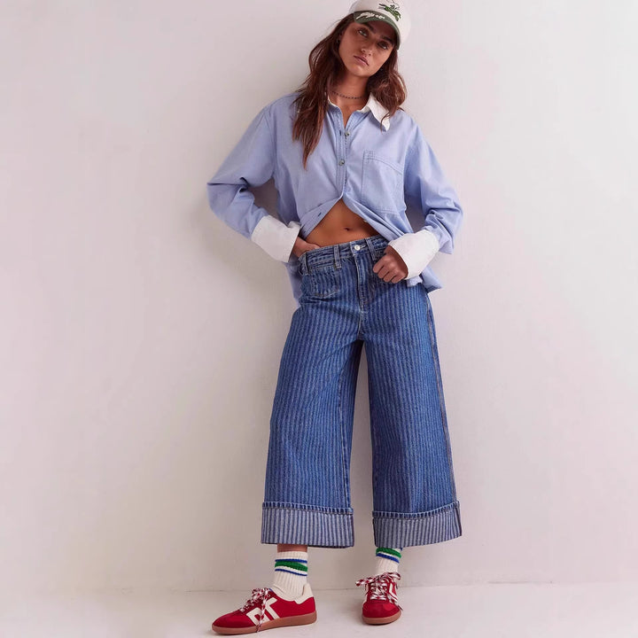 Women Elegant wide cut jeans with sewn-on stripes Lisslune