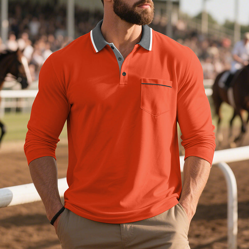 Men's Long Sleeve Polo Shirt with Fashionable Collar and Chest Pocket Lisslune