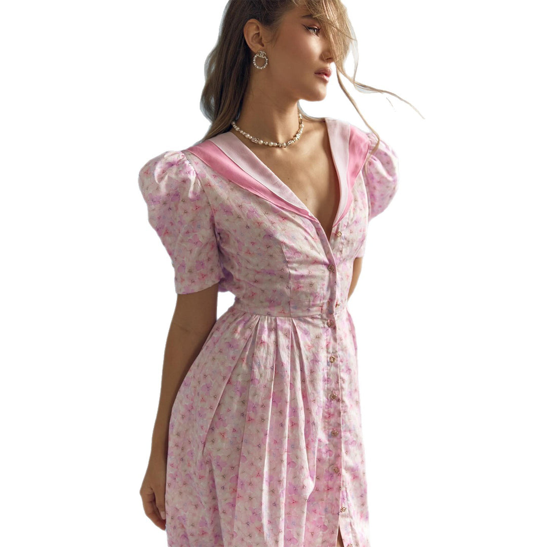Ladies flower pattern dress with puff sleeves and deep V-neck Lisslune