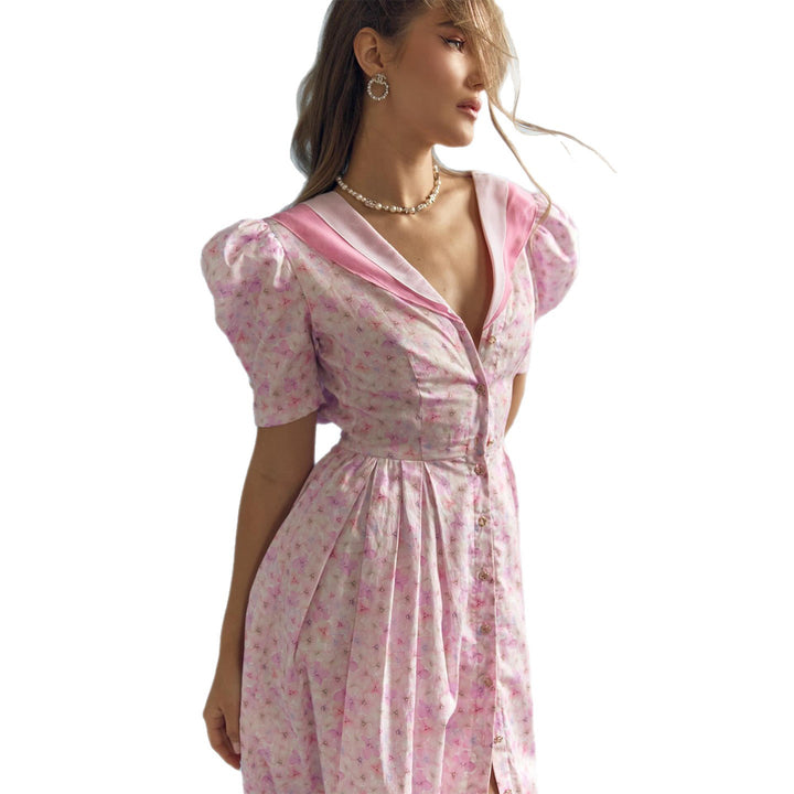 Ladies flower pattern dress with puff sleeves and deep V-neck Lisslune