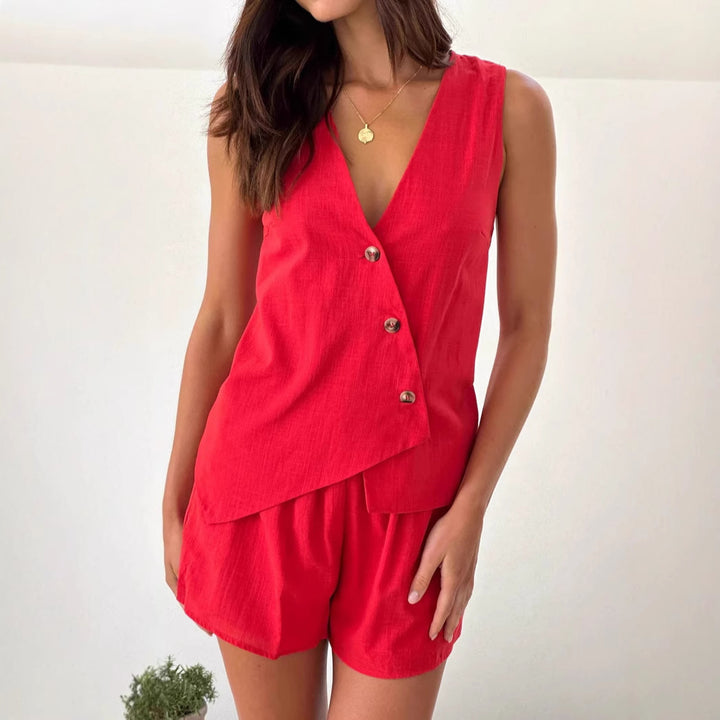 Women's casual summer outfit with V-neck and asymmetrical cut