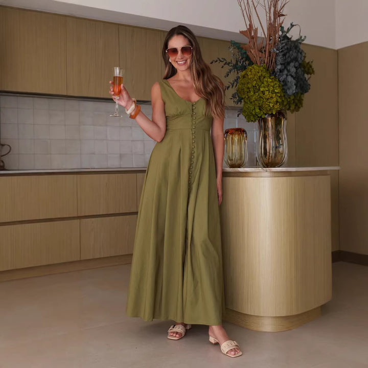 Ladies maxi dress with chic button design and elegant V-neck Lune London