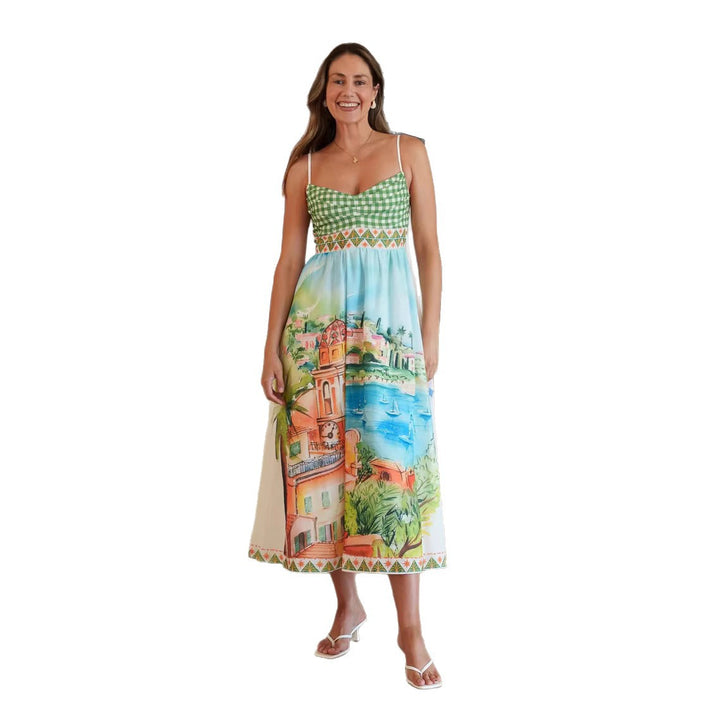 Women's summer maxi dress with hand-drawn city motif and checkered top Lune London