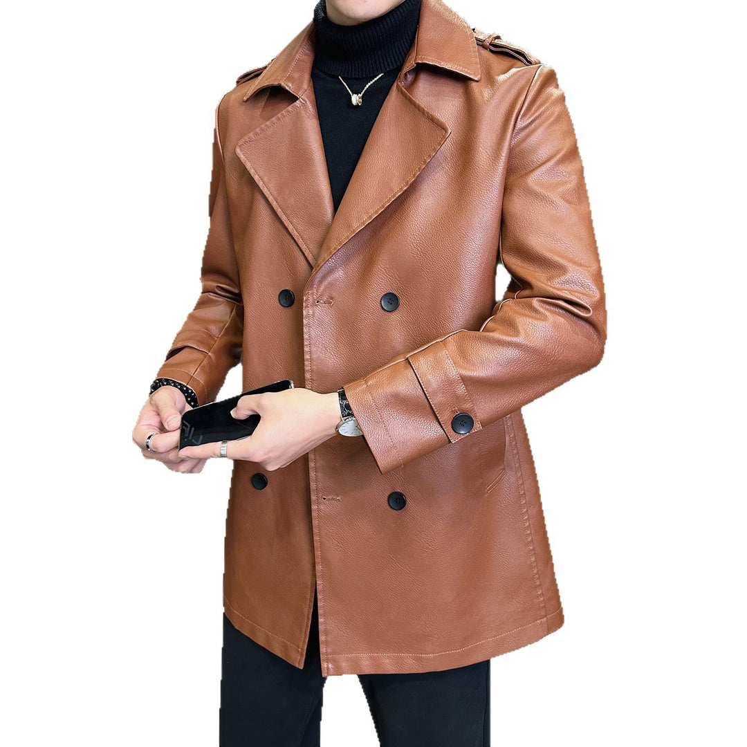 Men's Fashionable Synthetic Leather Trench Coat with Double Button Placket Lisslune