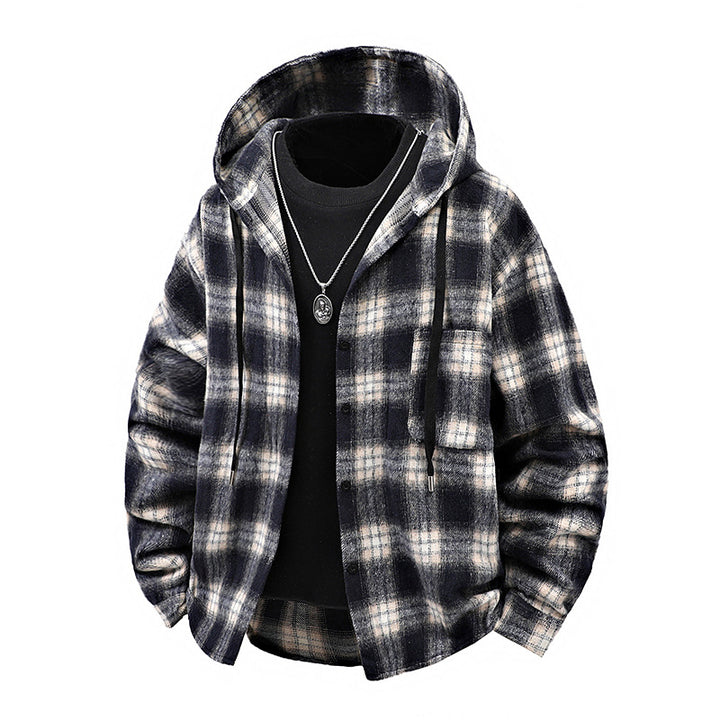 Men's Casual Checkered Mold Cover with Hood and Button Design Lisslune
