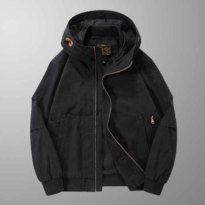 Men's Casual Transitional Jacket with Functional Pockets and Adjustable Hood Collar Lisslune