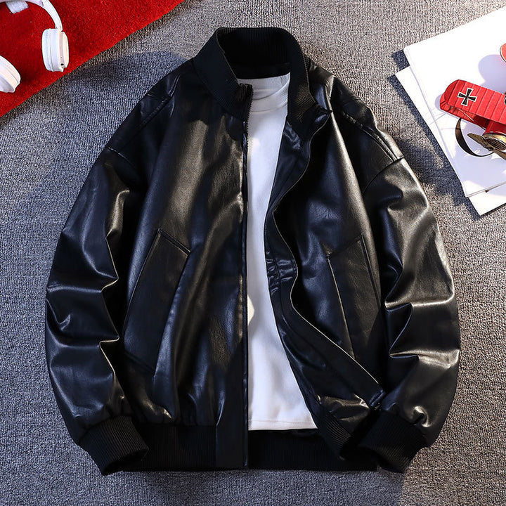 Men's Synthetic Leather Bomber Jacket with Elastic Ribbed Cuffs and Practical Pockets Lisslune