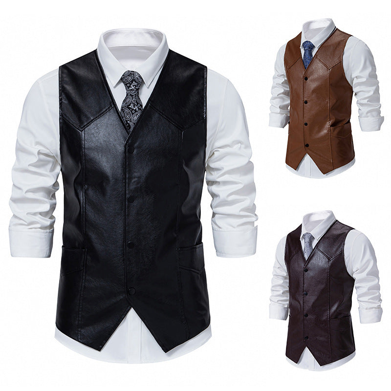 Men's elegant synthetic leather vest with classic pockets Lisslune