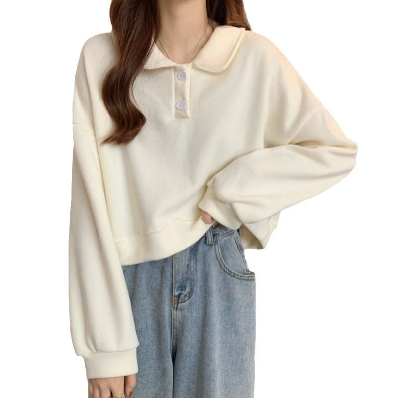 Women's short sleeve sweatshirt with fashionable collar and decorative buttons