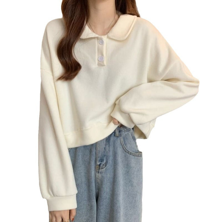 Women's short sleeve sweatshirt with fashionable collar and decorative buttons
