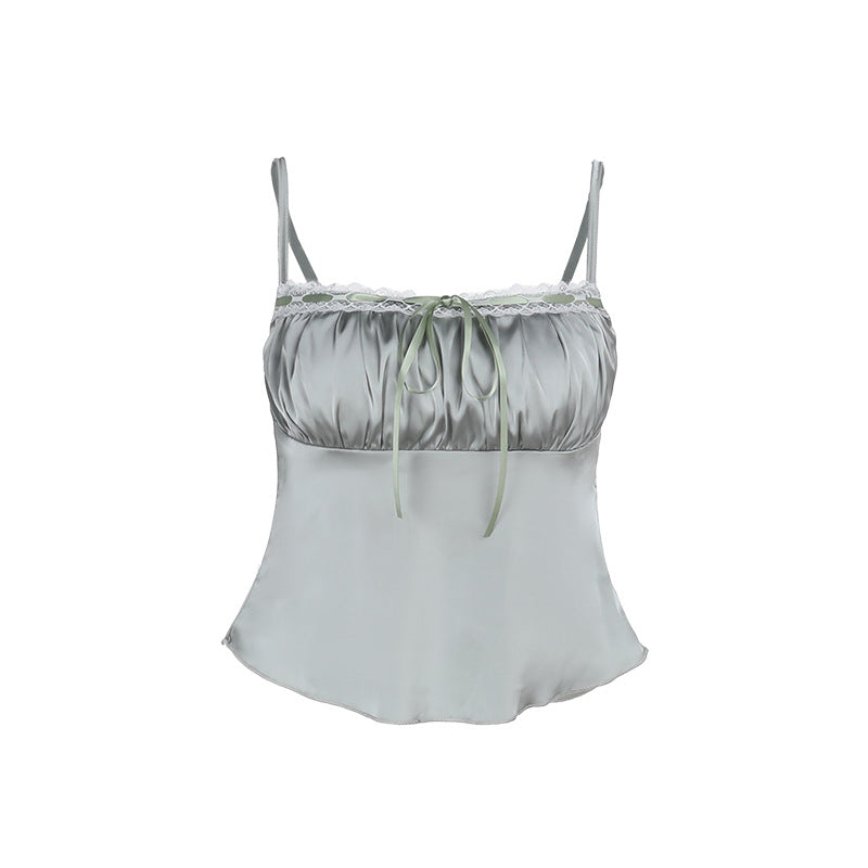 Ladies satin camisole with adjustable spaghetti straps and lace trim Lune London