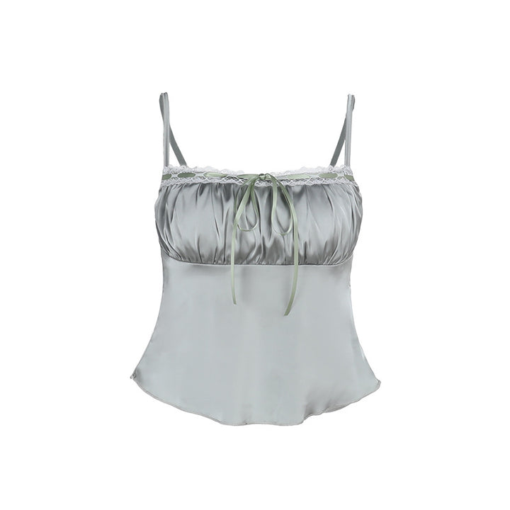 Ladies satin camisole with adjustable spaghetti straps and lace trim Lune London