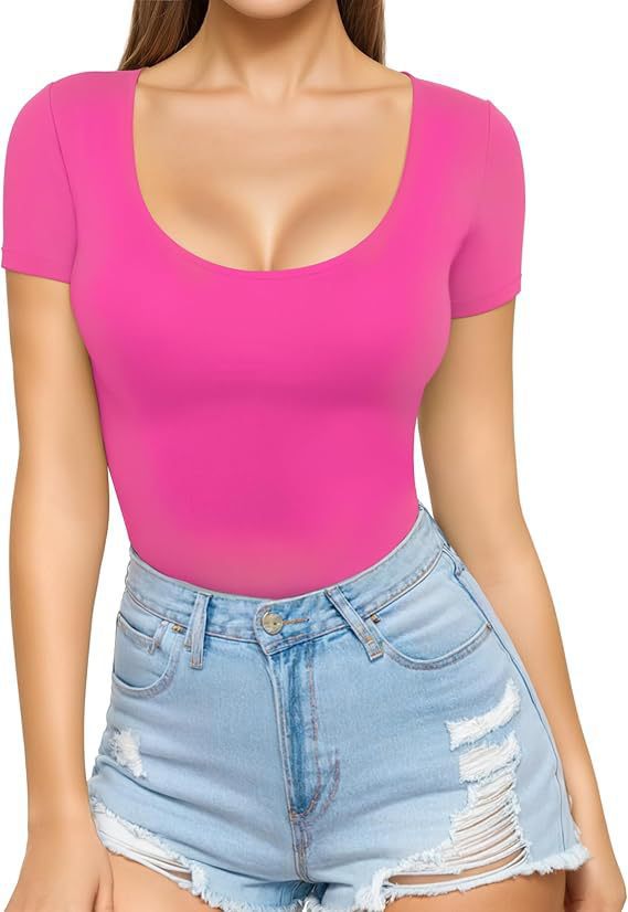 Damen figurbetontes Kurzarm-Body mit rundem Ausschnitt und nahtlosem Design Lisslune