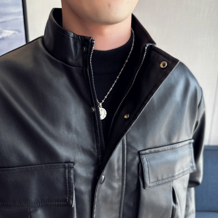 Men's elegant synthetic leather jacket with practical pockets Lisslune
