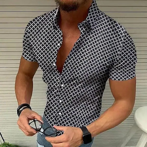 Men's Short Sleeve Shirt with Modern Check Pattern and Breathable Cotton Blend Lisslune